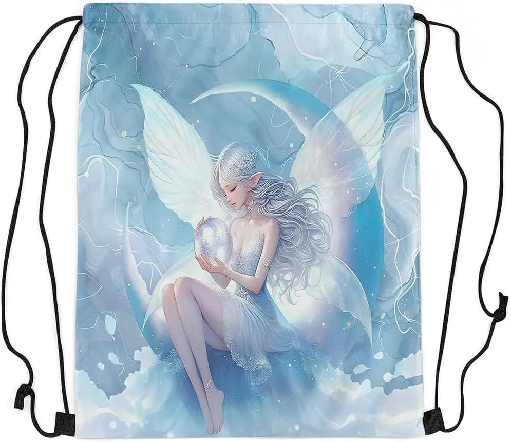 Cartoon Fairy Drawstring Backpack,Dreamy Moon Wings Waterproof Sports Gym Bag,Modern Marble Large Capacity for Travelling,Swimming,Beach