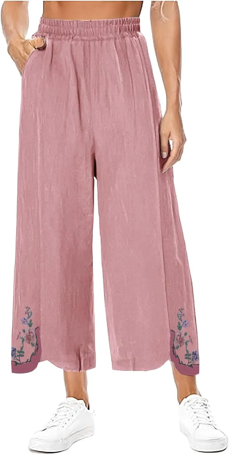 Casual Dress Pants for Women Loose High Waisted Cotton Linen Pants Summer Vacation Loose Slacks Comfy Long Trousers