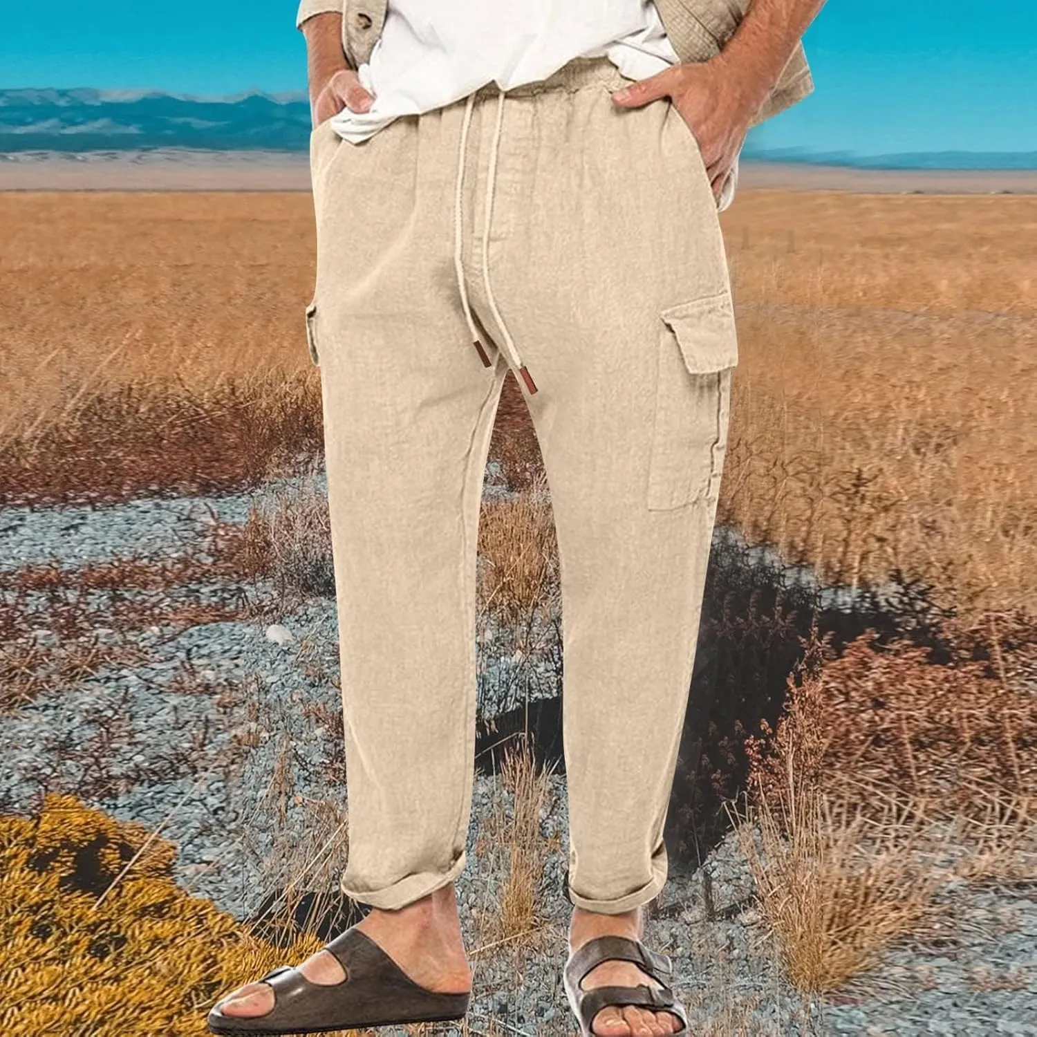 Casual Linen Pants for Men Elastic Drawstring Cargo Pants Straight Leg Slim Fit Sweatpants Lightweight Golf Sweatpant