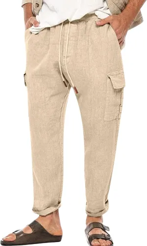 Casual Linen Pants for Men Elastic Drawstring Cargo Pants Straight Leg Slim Fit Sweatpants Lightweight Golf Sweatpant