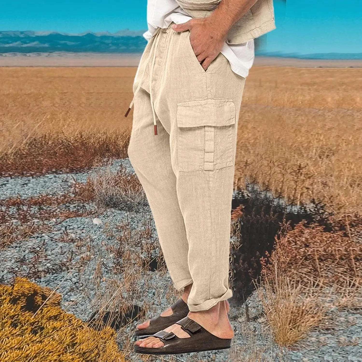 Casual Linen Pants for Men Elastic Drawstring Cargo Pants Straight Leg Slim Fit Sweatpants Lightweight Golf Sweatpant