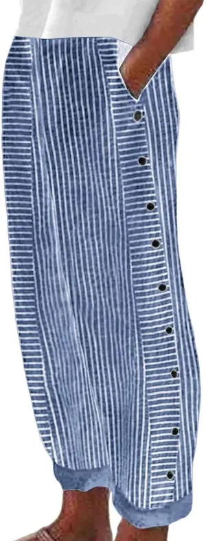 Casual Pants for Women Summer Trendy Striped Side Button Up Elastic Waist Straight Leg Trousers with Pockets
