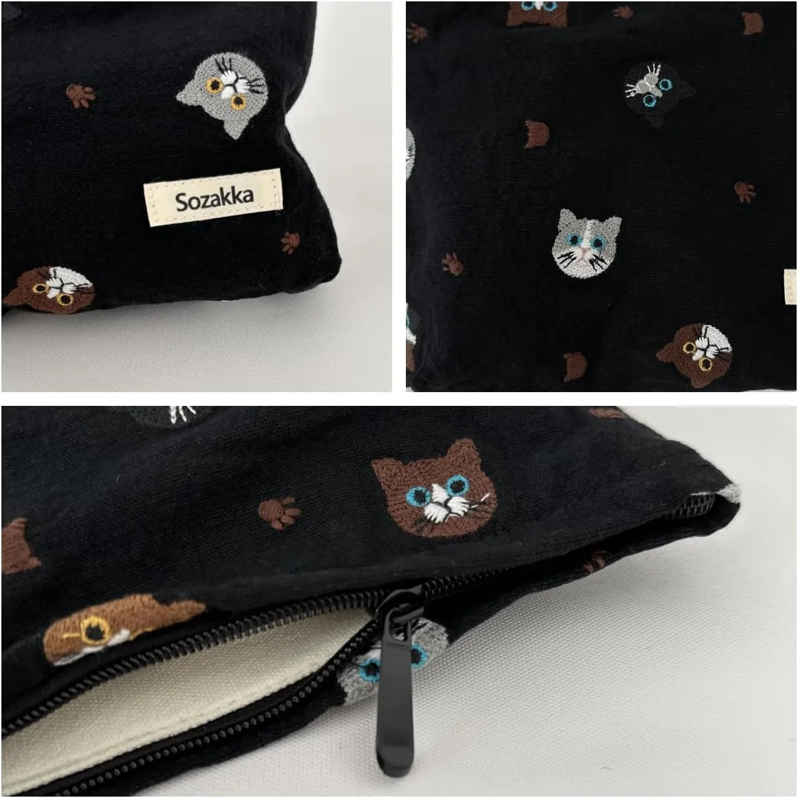 Cat Embroidered Makeup Bag Large Capacity Zipper Closure Cosmetic Pouch Dual Layer Durable Handheld Toiletry Bag Unique Cat Design (Black)