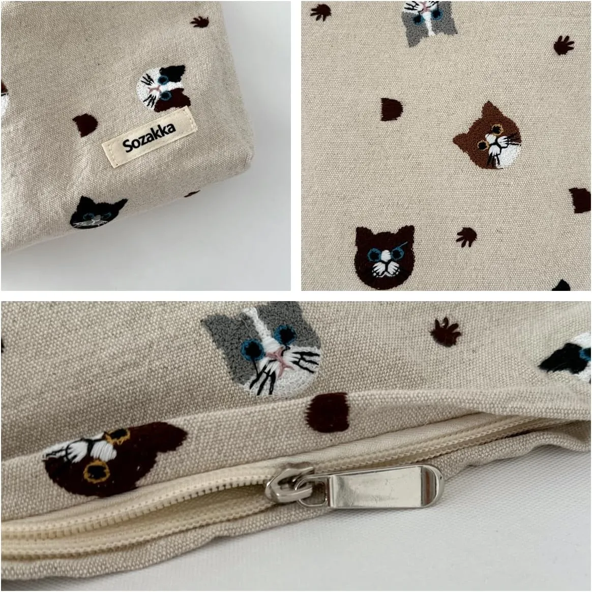 Cat Embroidered Makeup Bag Large Capacity Zipper Closure Cosmetic Pouch Dual Layer Durable Handheld Toiletry Bag Unique Cat Design (Grey)