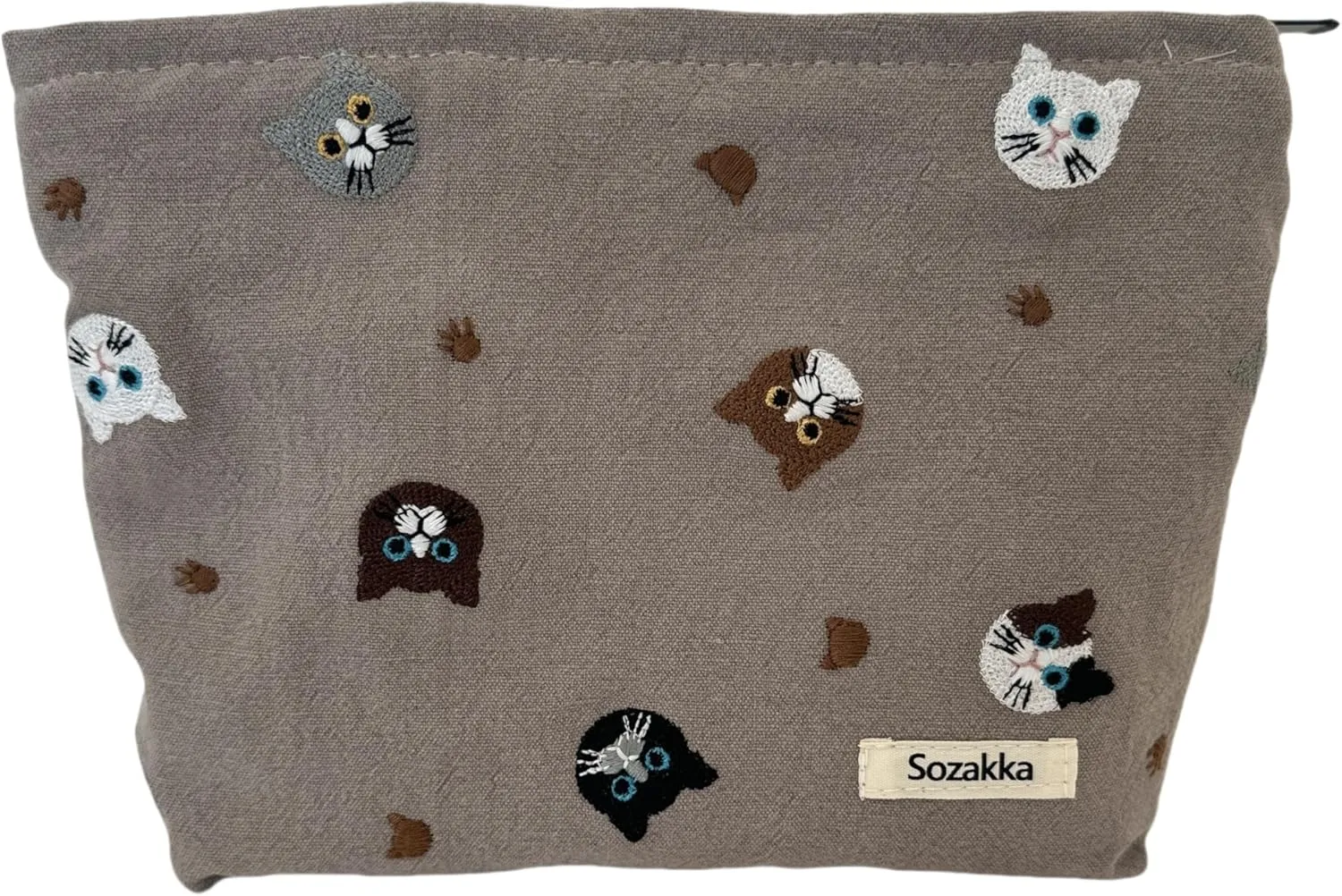 Cat Embroidered Makeup Bag Large Capacity Zipper Closure Cosmetic Pouch Dual Layer Durable Handheld Toiletry Bag Unique Cat Design (Grey)