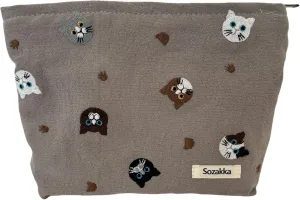 Cat Embroidered Makeup Bag Large Capacity Zipper Closure Cosmetic Pouch Dual Layer Durable Handheld Toiletry Bag Unique Cat Design (Grey)