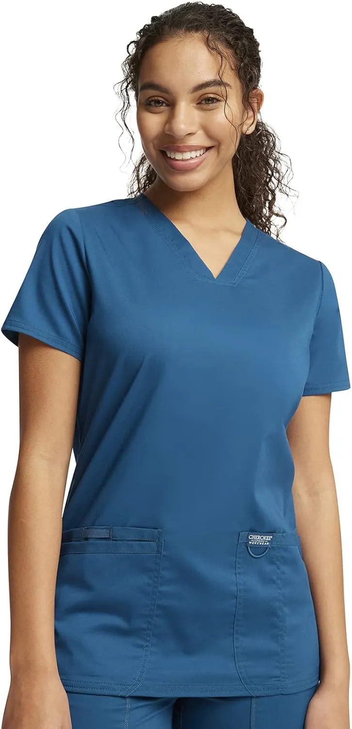 Cherokee Scrub Set For Women Modern Classic Fit 3 Pockets V-Neck Top WW620 with 5 Pockets Moderate Flare Leg Pant WW120