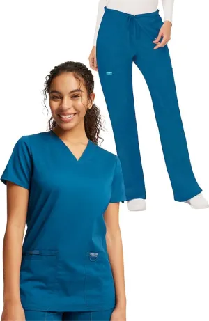 Cherokee Scrub Set For Women Modern Classic Fit 3 Pockets V-Neck Top WW620 with 5 Pockets Moderate Flare Leg Pant WW120