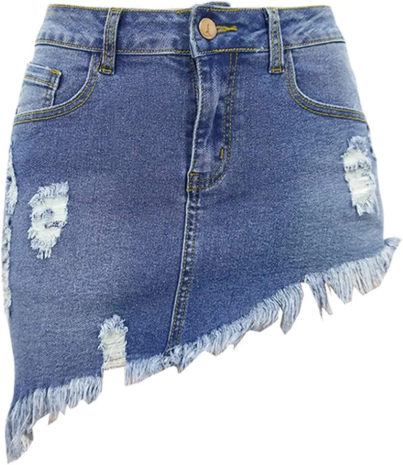 chouyatou Women's Stretch Fit 5-Pocket Irregular Frayed Hem Mini Denim Jean Skirt