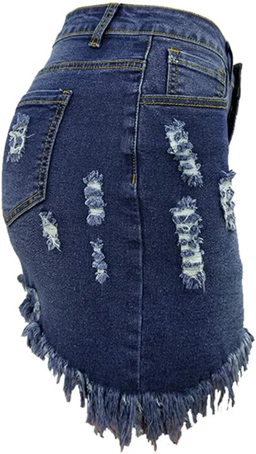 chouyatou Women's Stretch Fit 5-Pocket Irregular Frayed Hem Mini Denim Jean Skirt