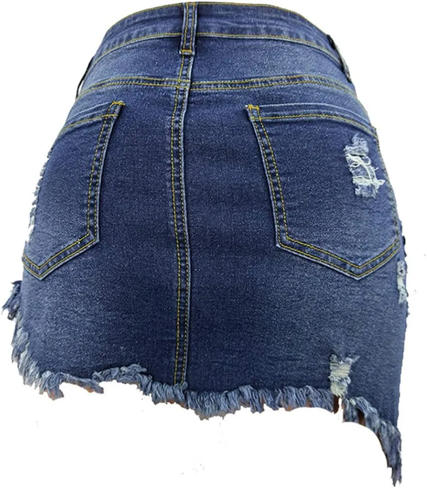 chouyatou Women's Stretch Fit 5-Pocket Irregular Frayed Hem Mini Denim Jean Skirt