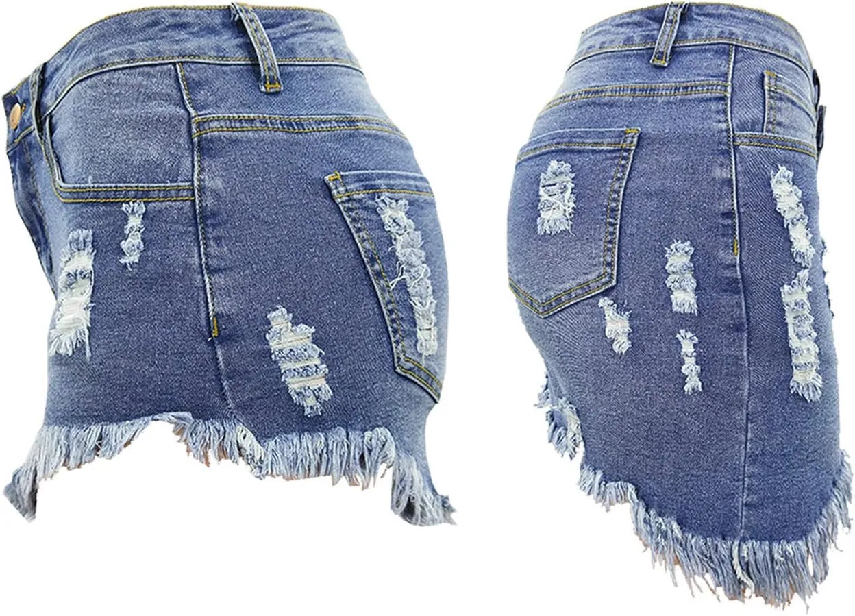 chouyatou Women's Stretch Fit 5-Pocket Irregular Frayed Hem Mini Denim Jean Skirt