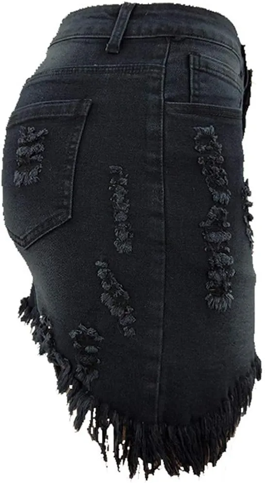 chouyatou Women's Stretch Fit 5-Pocket Irregular Frayed Hem Mini Denim Jean Skirt