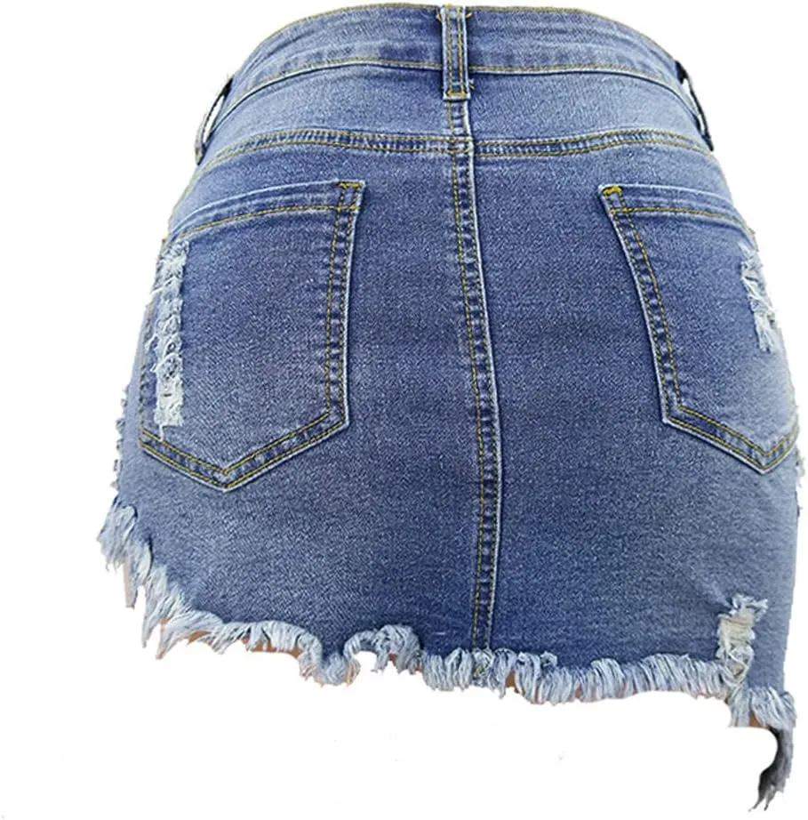 chouyatou Women's Stretch Fit 5-Pocket Irregular Frayed Hem Mini Denim Jean Skirt