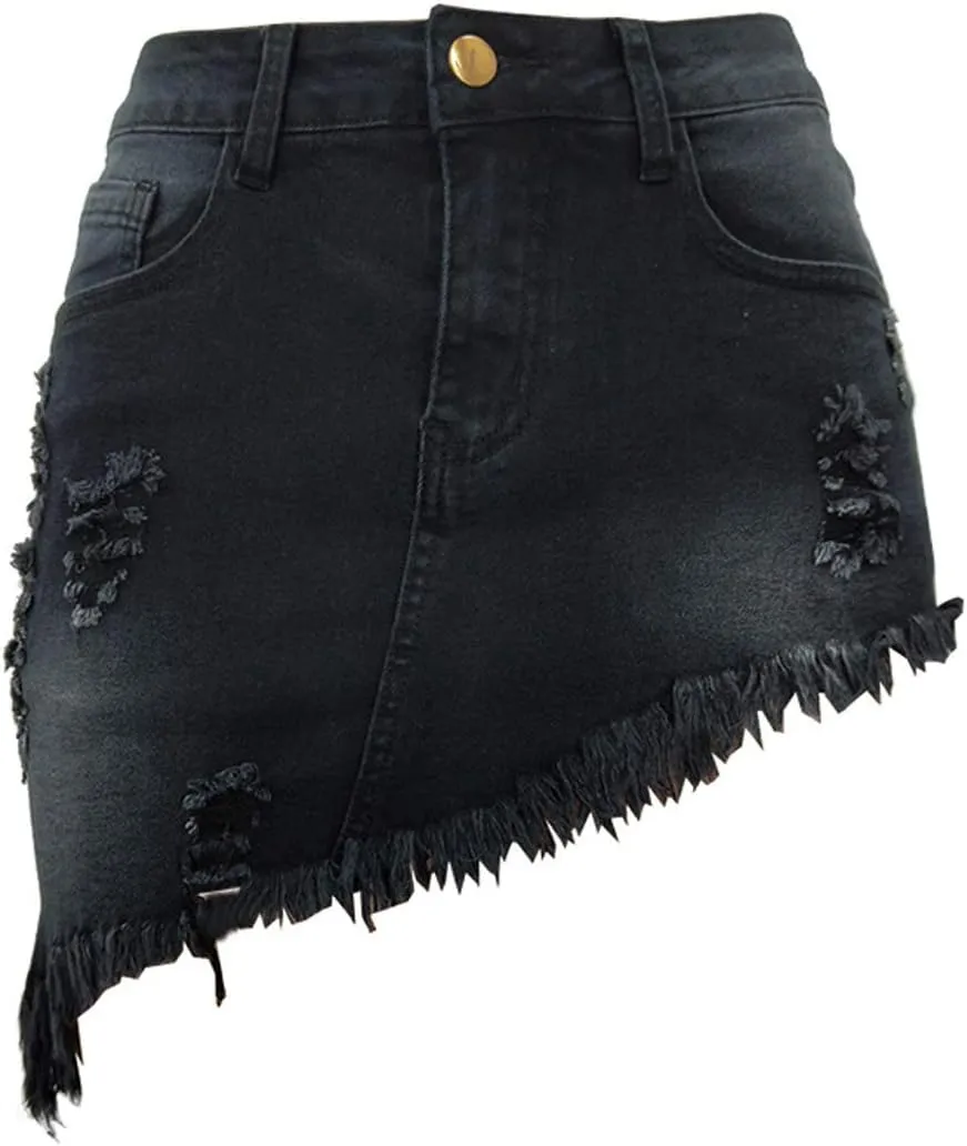 chouyatou Women's Stretch Fit 5-Pocket Irregular Frayed Hem Mini Denim Jean Skirt