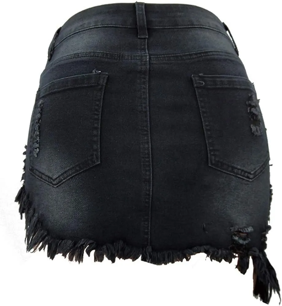 chouyatou Women's Stretch Fit 5-Pocket Irregular Frayed Hem Mini Denim Jean Skirt