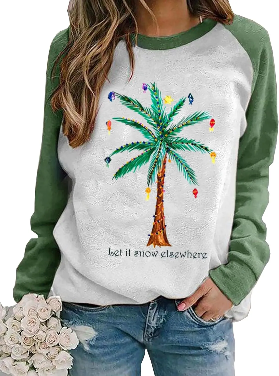 Christmas Palm Tree Sweatshirt for Women Hawaiian Beach Tropical Xmas Pullover Christmas Graphic Long Sleeve Shirt