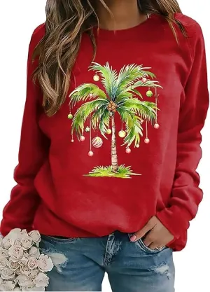 Christmas Palm Tree Sweatshirt for Women Hawaiian Beach Tropical Xmas Pullover Christmas Graphic Long Sleeve Shirt