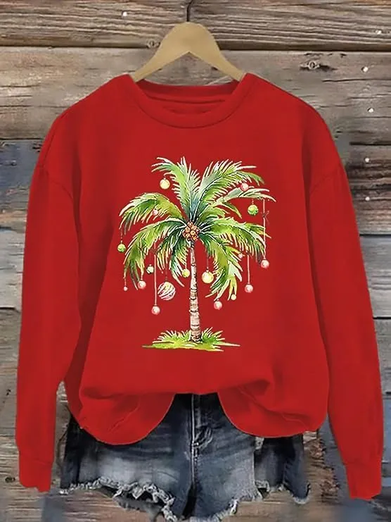 Christmas Palm Tree Sweatshirt for Women Hawaiian Beach Tropical Xmas Pullover Christmas Graphic Long Sleeve Shirt