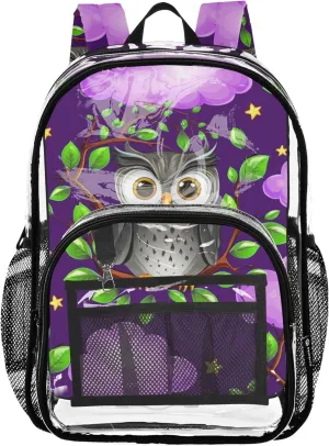 Clear Backpack for Women Cute Cartoon Owl Purple Girls Backpack for Kids Approved Plastic Bag Large