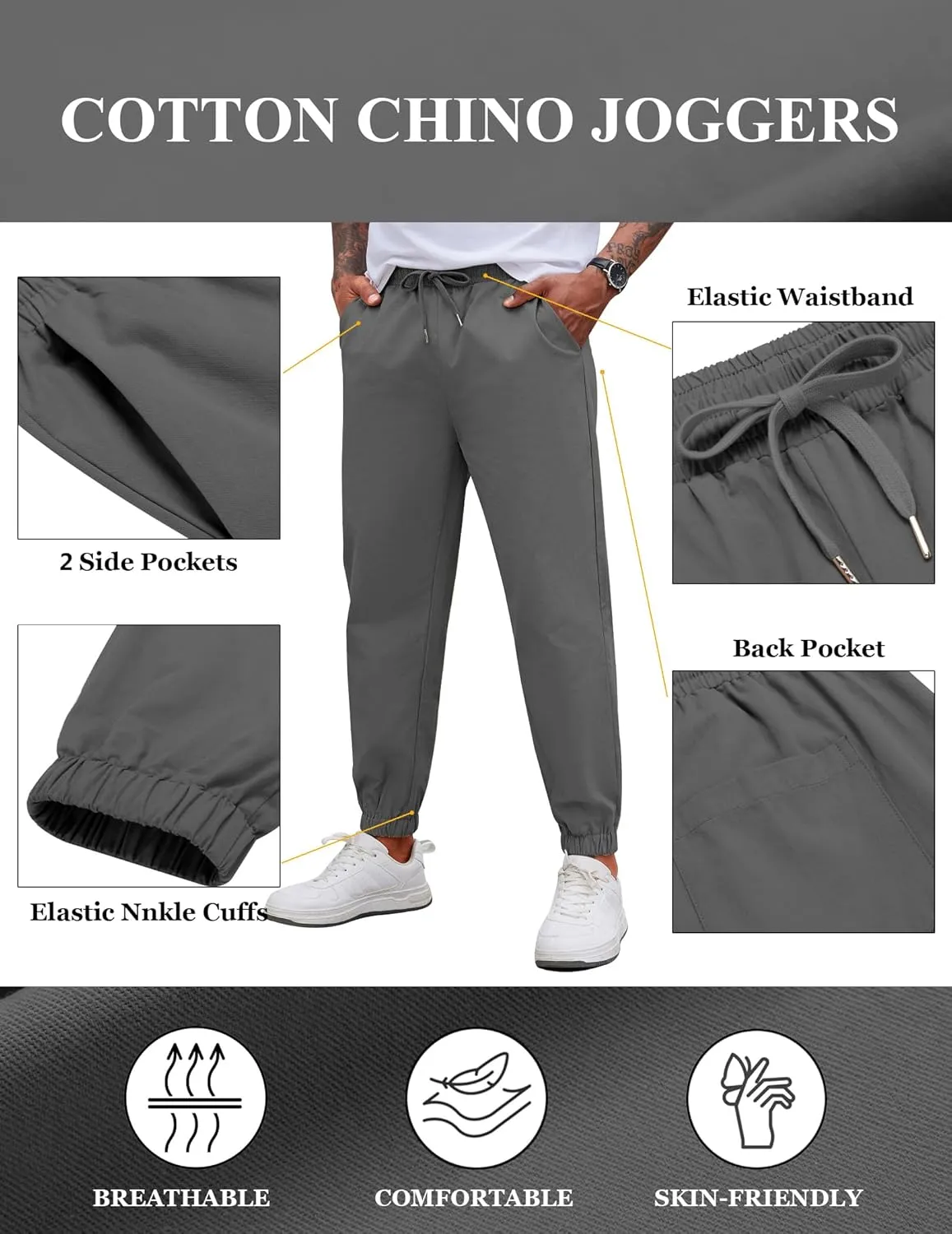 COOFANDY Men's Casual Joggers Pants Cotton Elastic Waist Drawstring Chino Pants Hiking Outdoor Track Sweatpants