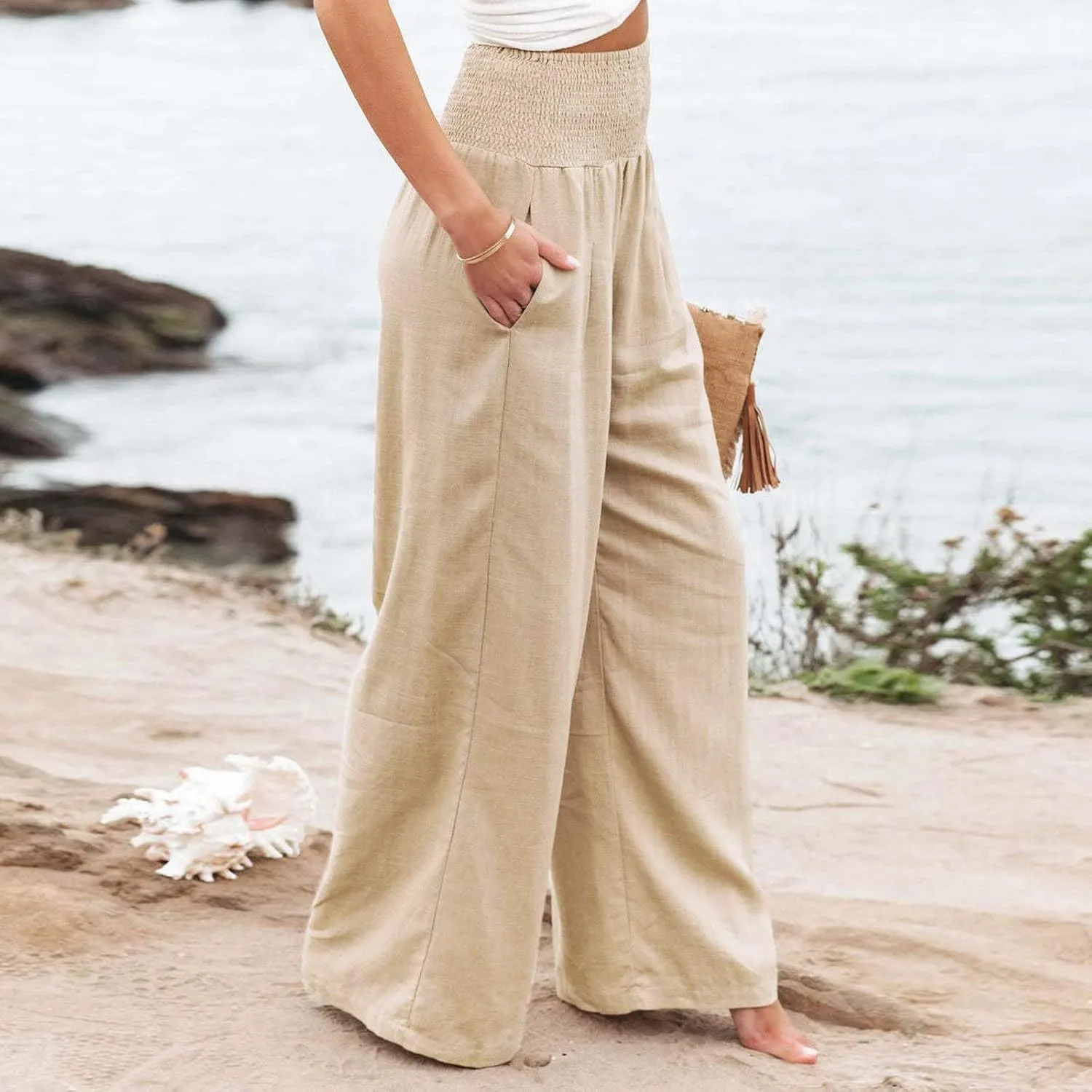 cooki Women Linen Palazzo Pants Summer Casual Elastic High Waist Wide Leg Long Cotton Beach Lounge Pants Trousers Loose Fit