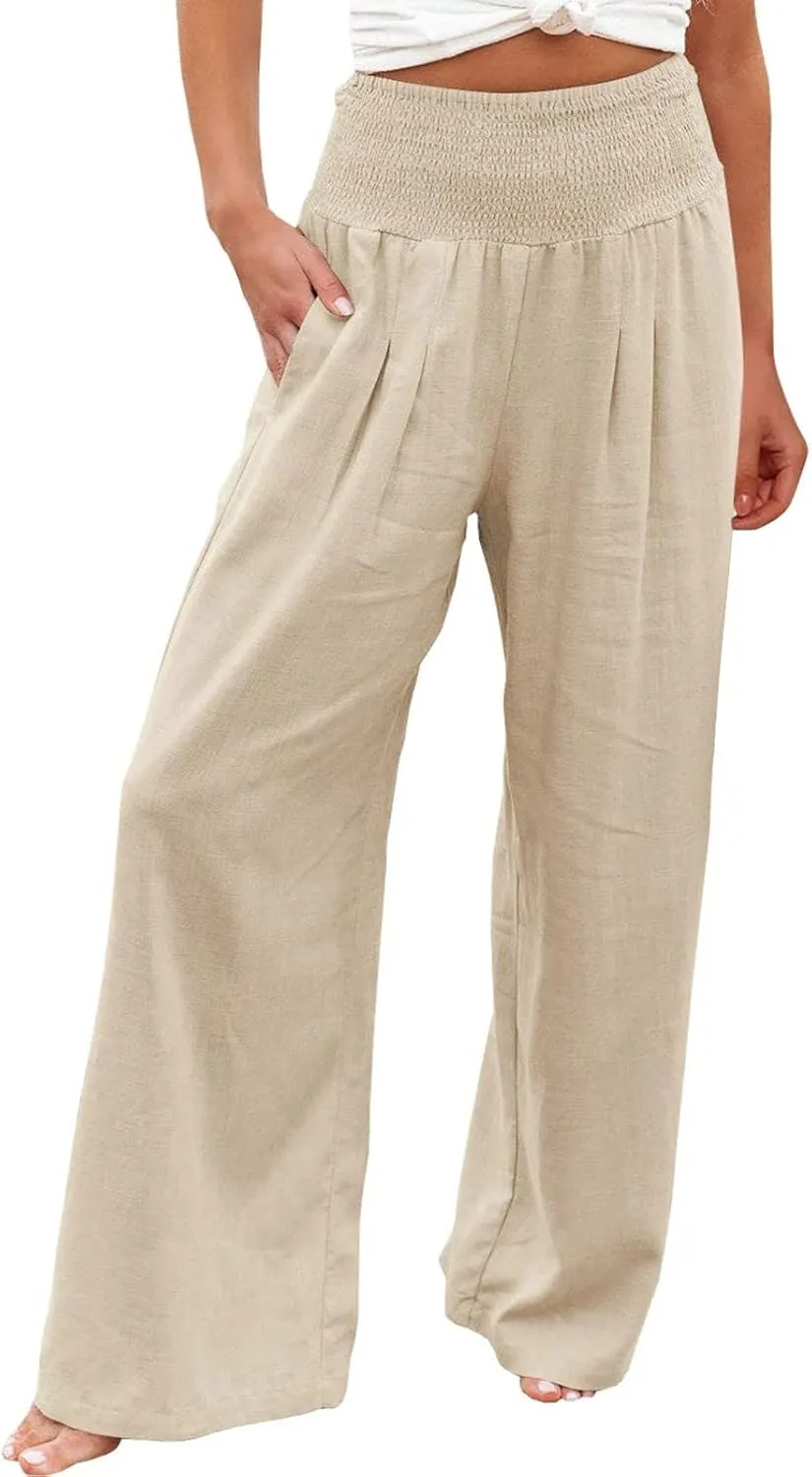 cooki Women Linen Palazzo Pants Summer Casual Elastic High Waist Wide Leg Long Cotton Beach Lounge Pants Trousers Loose Fit
