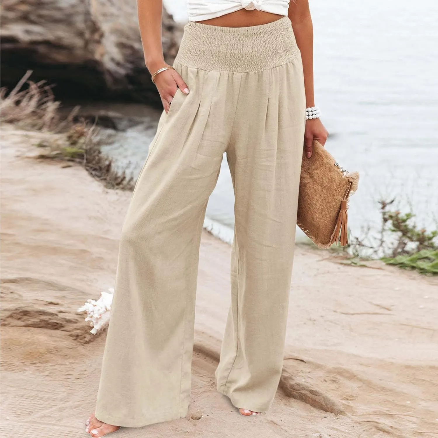 cooki Women Linen Palazzo Pants Summer Casual Elastic High Waist Wide Leg Long Cotton Beach Lounge Pants Trousers Loose Fit
