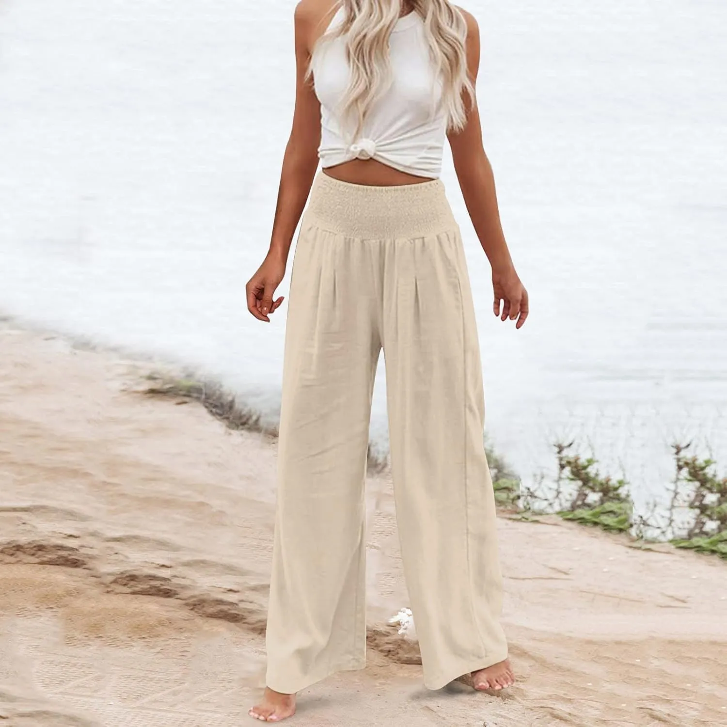 cooki Women Linen Palazzo Pants Summer Casual Elastic High Waist Wide Leg Long Cotton Beach Lounge Pants Trousers Loose Fit