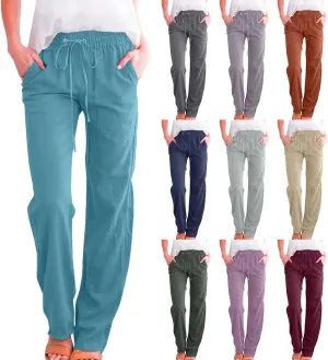 Cotton Linen Pants for Women Casual High Waist Drawstring Loose Straight Wide Leg Lounge Baggy Trousers with Pockets