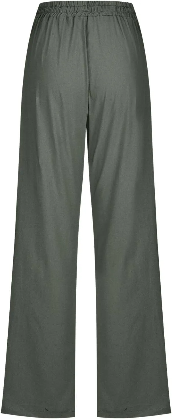 Cotton Linen Pants for Women Casual High Waist Drawstring Loose Straight Wide Leg Lounge Baggy Trousers with Pockets
