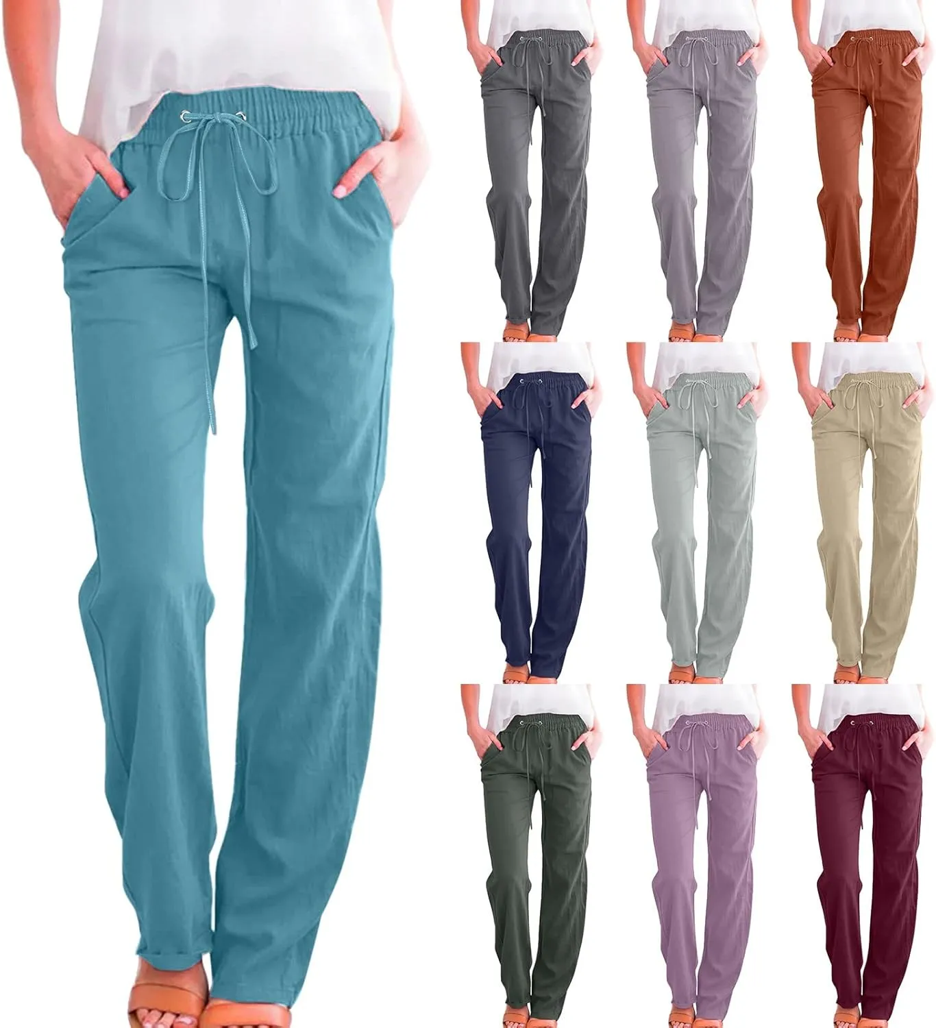 Cotton Linen Pants for Women Casual High Waist Drawstring Loose Straight Wide Leg Lounge Baggy Trousers with Pockets