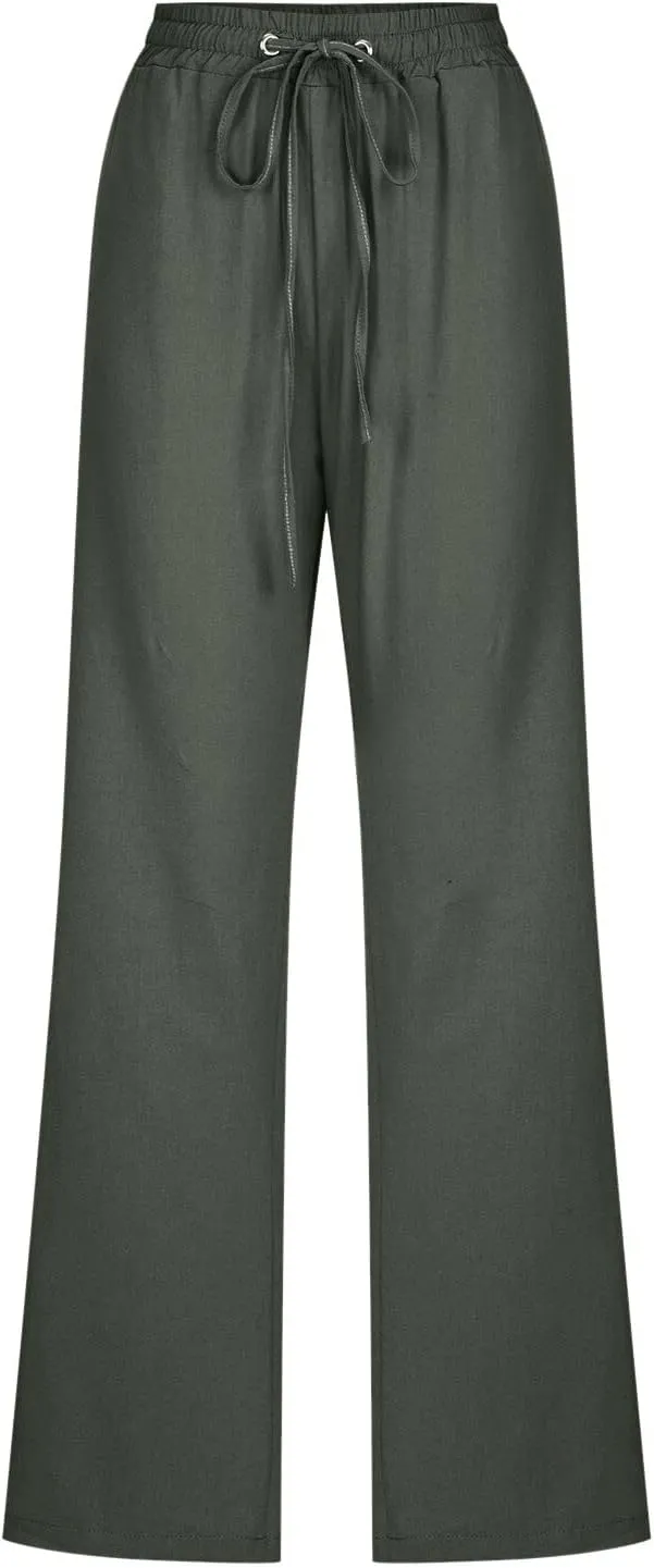 Cotton Linen Pants for Women Casual High Waist Drawstring Loose Straight Wide Leg Lounge Baggy Trousers with Pockets