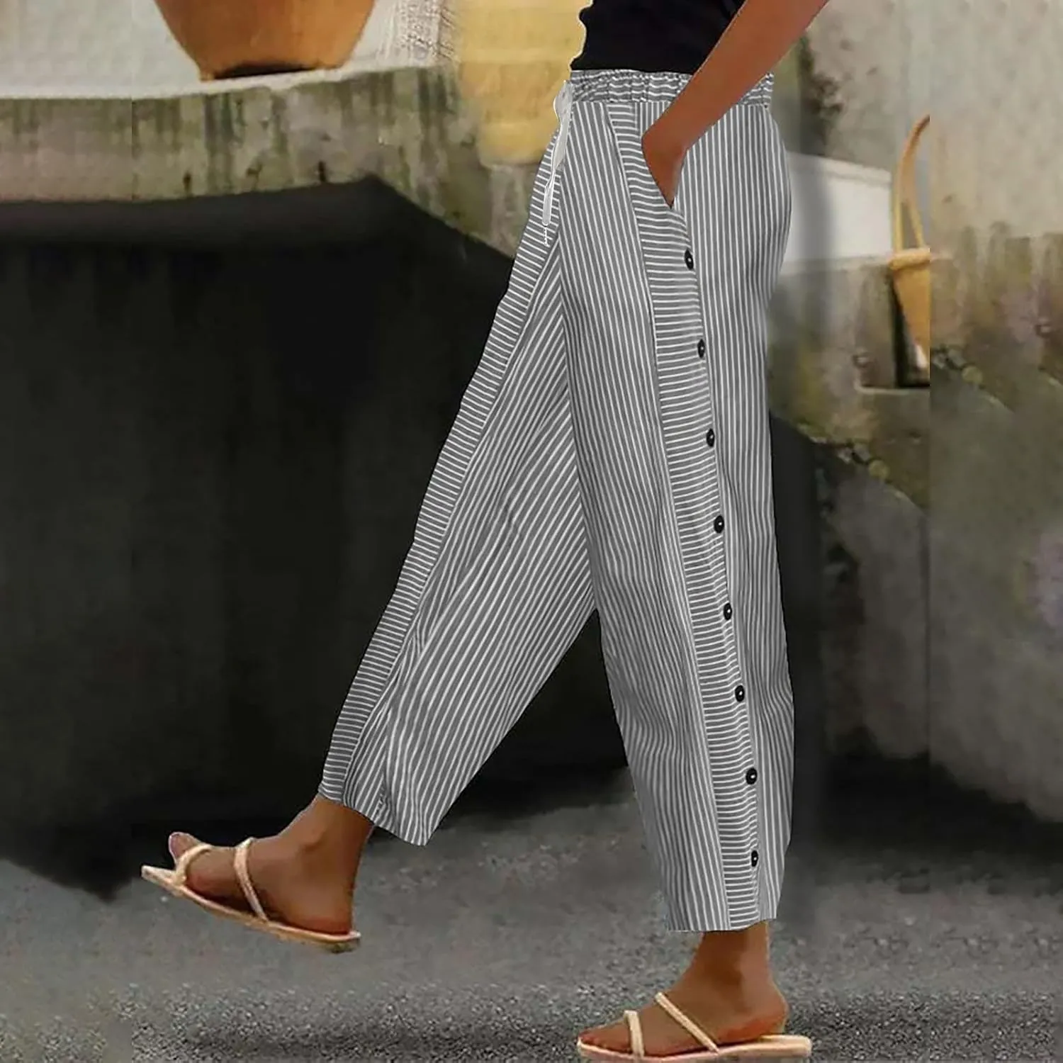 Cotton Linen Pants Women 2025 Summer High Waist Straight Leg Striped Cropped Pants Comfy Plus Size Lounge Trousers