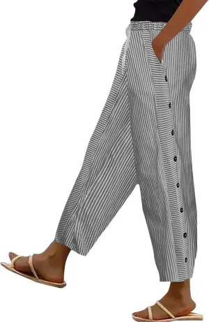 Cotton Linen Pants Women 2025 Summer High Waist Straight Leg Striped Cropped Pants Comfy Plus Size Lounge Trousers