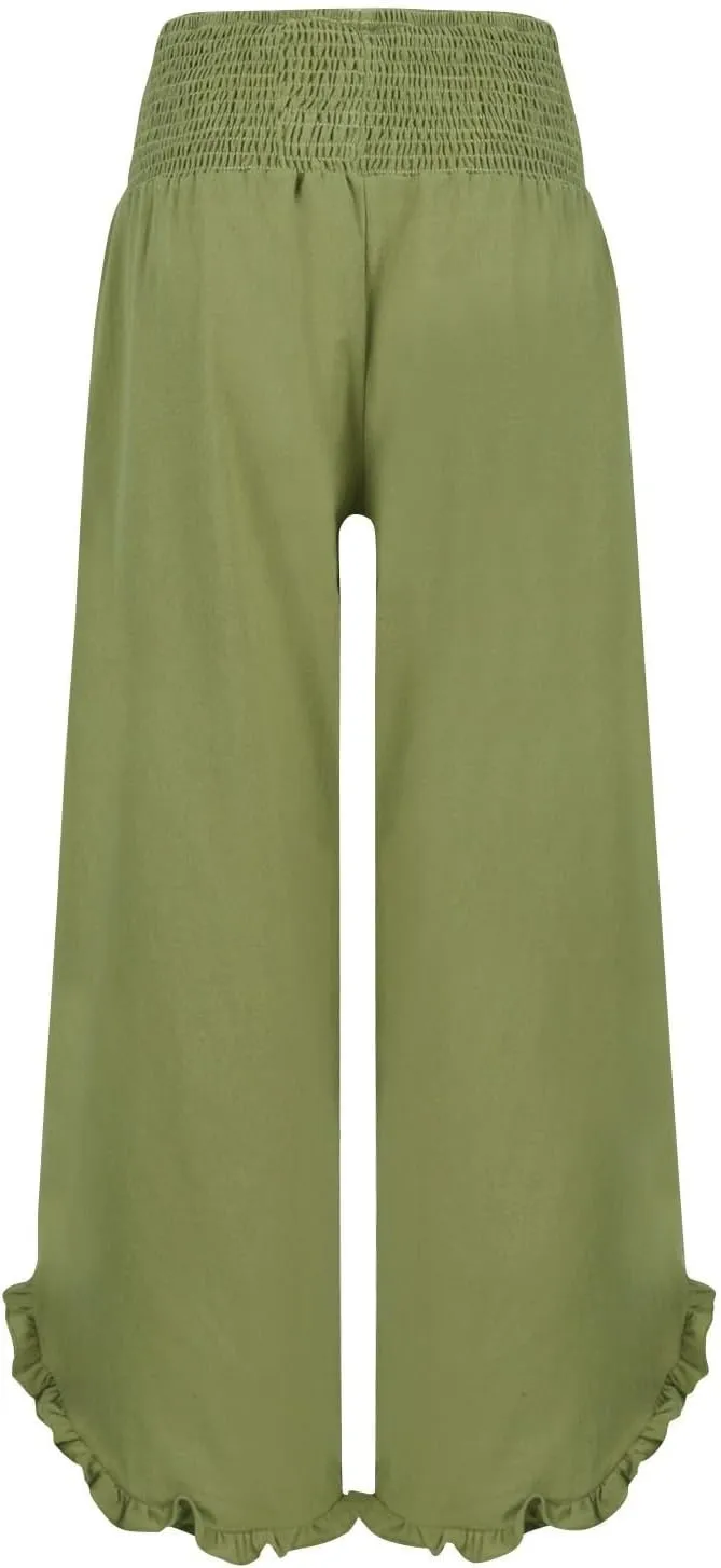 Cotton Linen Pants Women Summer Elastic High Waisted Ruffles Palazzo Pants Pull on Travel Vacation Trousers with Pockets