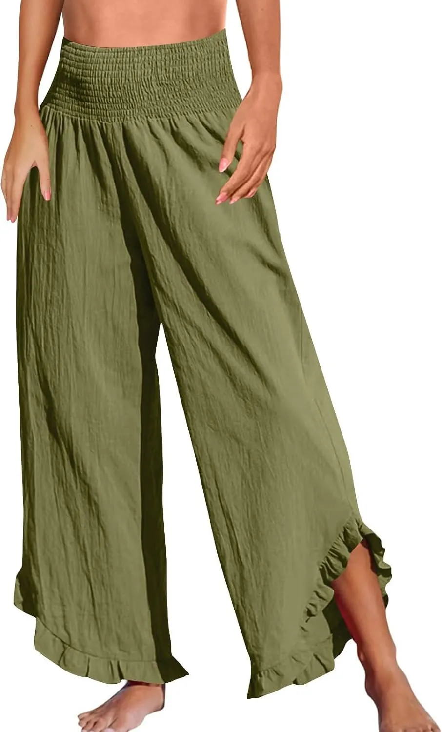 Cotton Linen Pants Women Summer Elastic High Waisted Ruffles Palazzo Pants Pull on Travel Vacation Trousers with Pockets