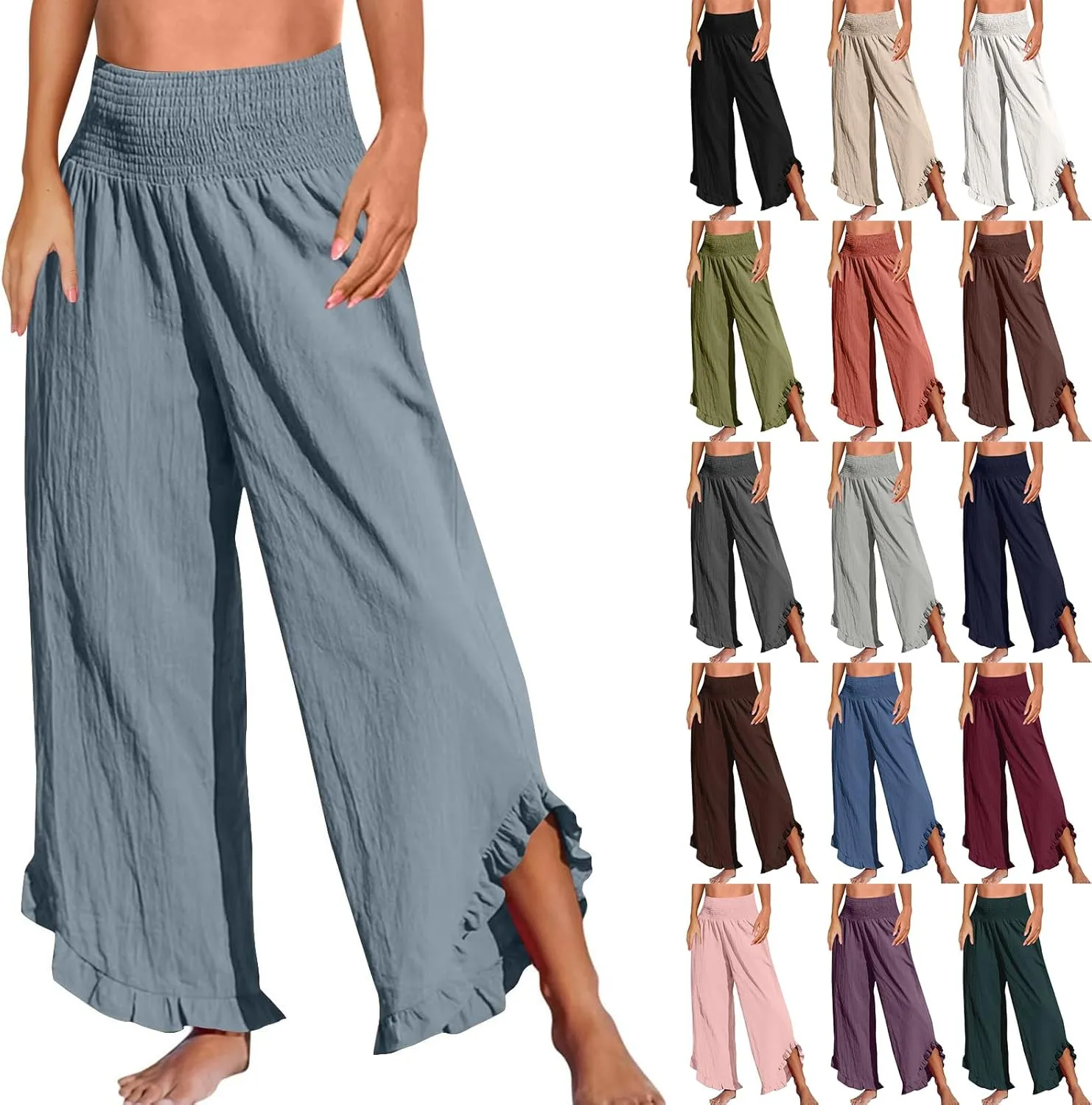 Cotton Linen Pants Women Summer Elastic High Waisted Ruffles Palazzo Pants Pull on Travel Vacation Trousers with Pockets