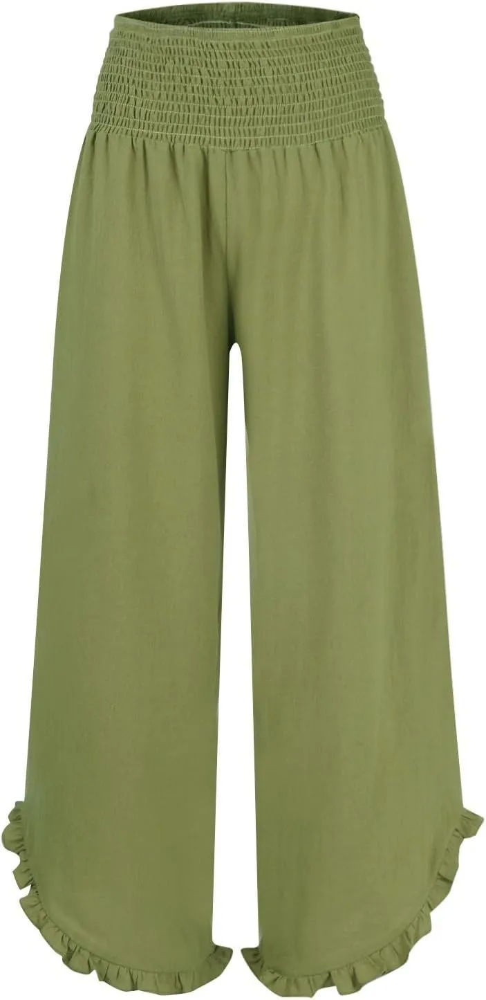 Cotton Linen Pants Women Summer Elastic High Waisted Ruffles Palazzo Pants Pull on Travel Vacation Trousers with Pockets