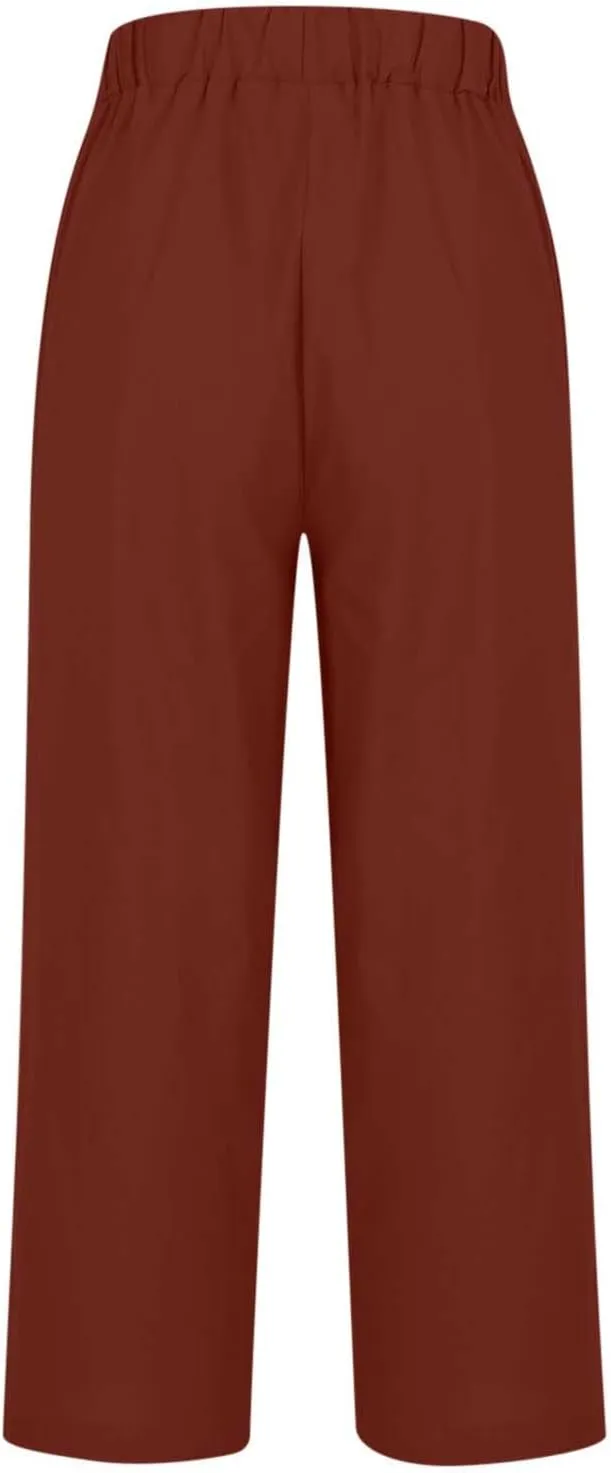 Cropped Linen Pant Women Summer Dressy Elastic Waist Straight Leg Plus Size Crop Pant Casual Beach Trouser with Pocket