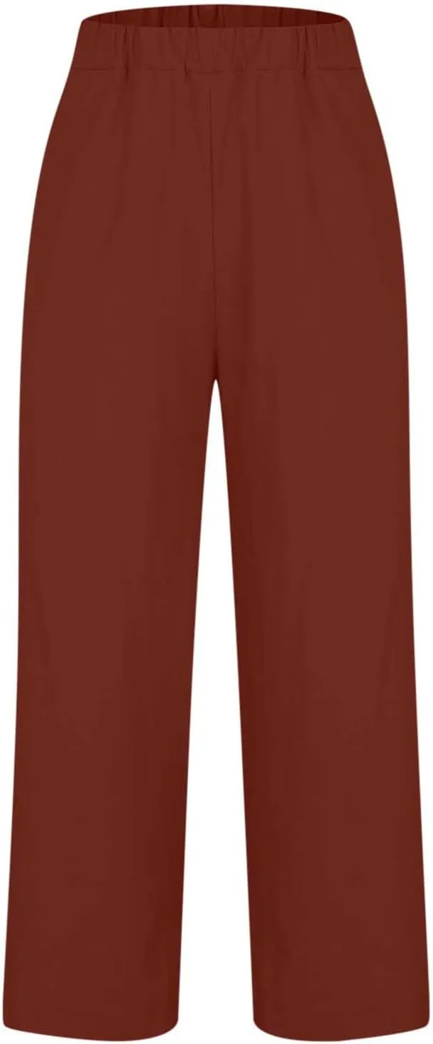 Cropped Linen Pant Women Summer Dressy Elastic Waist Straight Leg Plus Size Crop Pant Casual Beach Trouser with Pocket