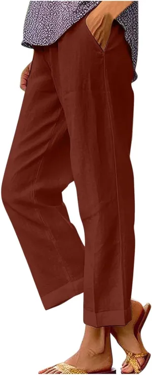 Cropped Linen Pant Women Summer Dressy Elastic Waist Straight Leg Plus Size Crop Pant Casual Beach Trouser with Pocket
