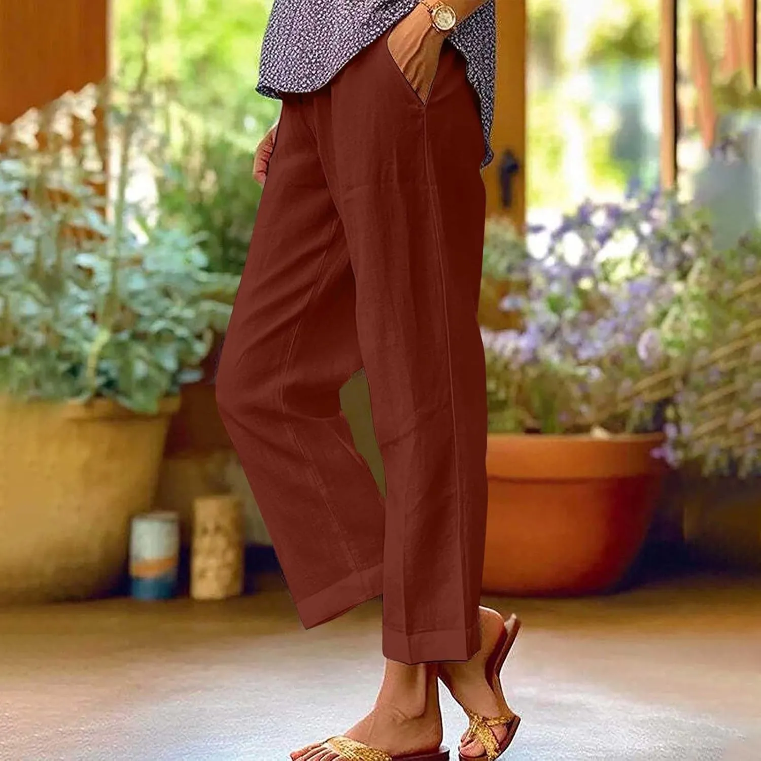 Cropped Linen Pant Women Summer Dressy Elastic Waist Straight Leg Plus Size Crop Pant Casual Beach Trouser with Pocket