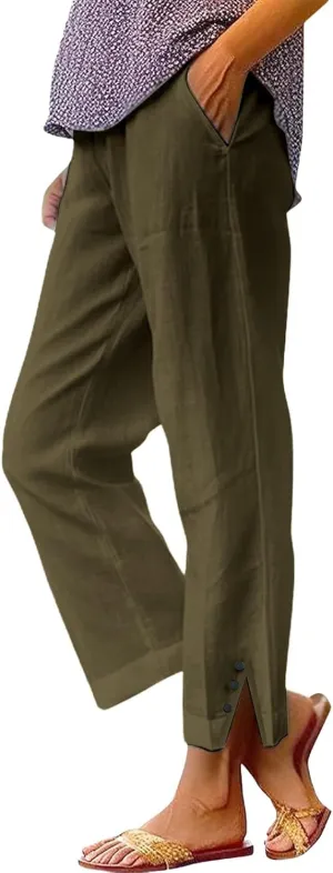 Cropped Linen Pants for Women Summer Elastic Waist Straight Leg Split Bottom Trousers Casual Beach Pants with Pockets