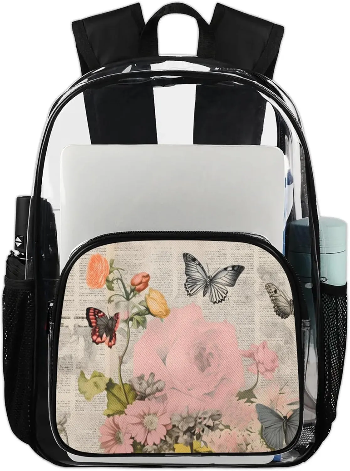 Customizable Clear Backpack for Women Men,Clear Bag for Stadium Events With Waterproof PVC Plastic Material,Modern Butterflies - L