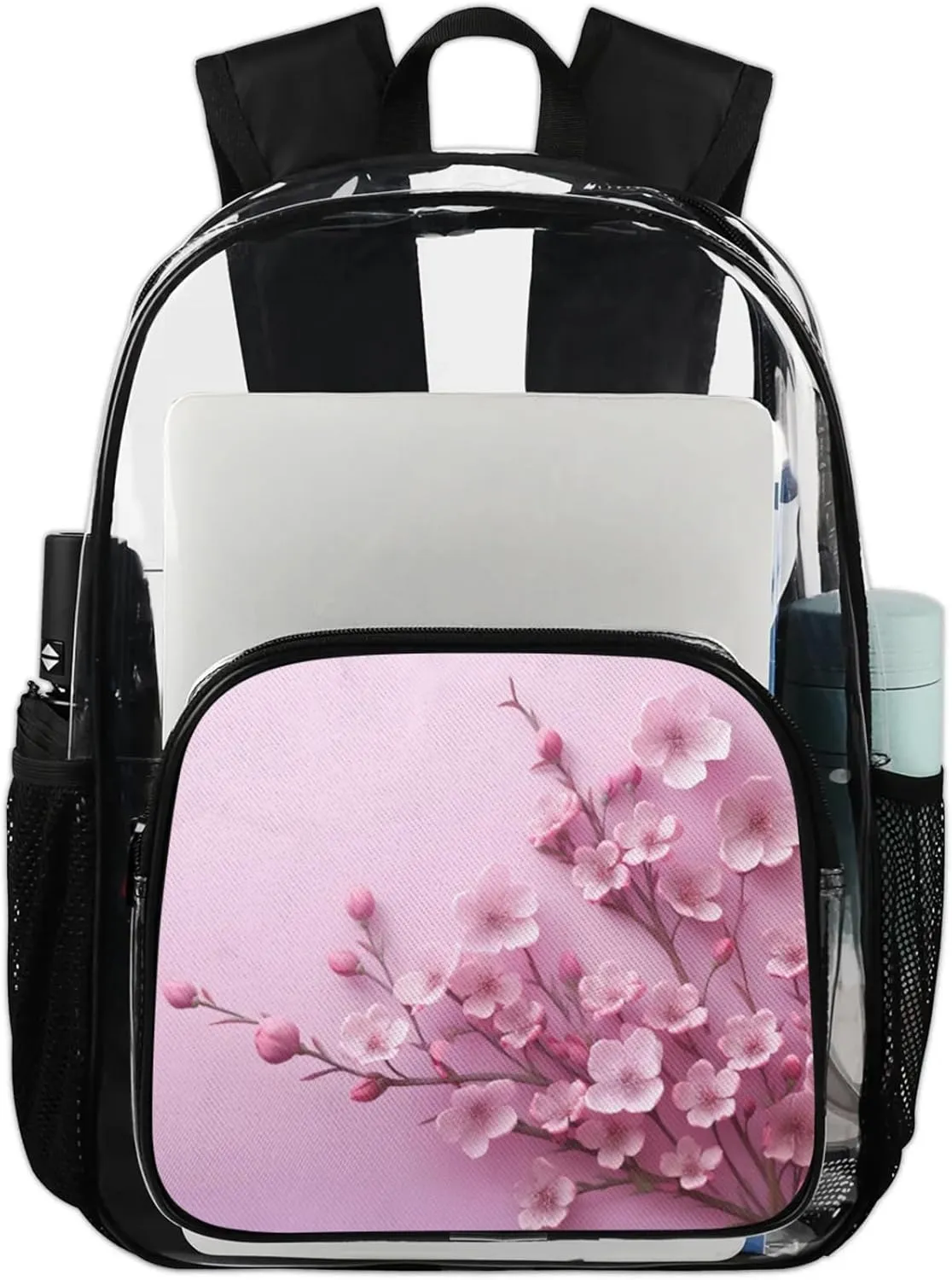 Customizable Clear Backpack for Women Men,Clear Bag for Stadium Events With Waterproof PVC Plastic Material,Modern Plum Blossoms - L