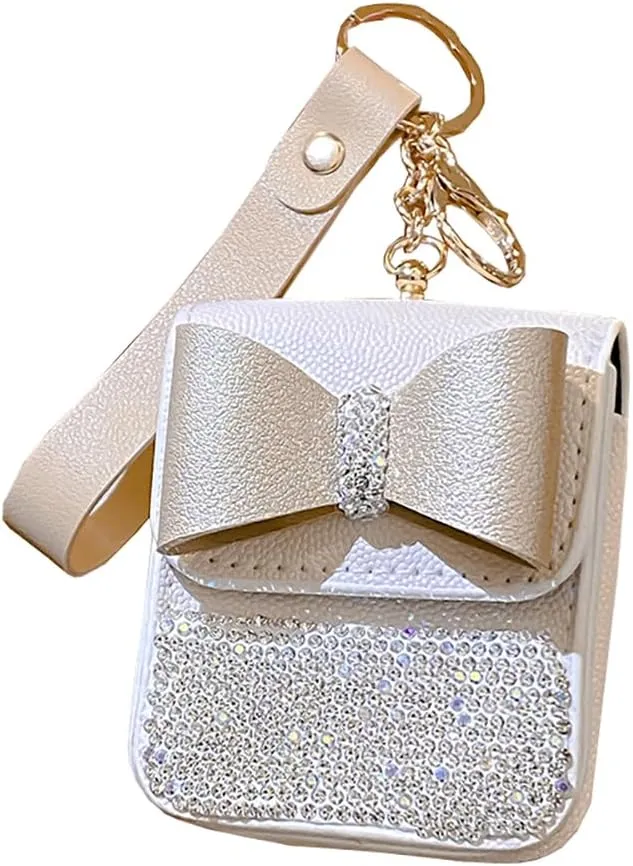 Cute Bow Faux Leather Coin Purse Keychain with Wristlet Crystal Pouch Key Ring Unique Car Key Holder