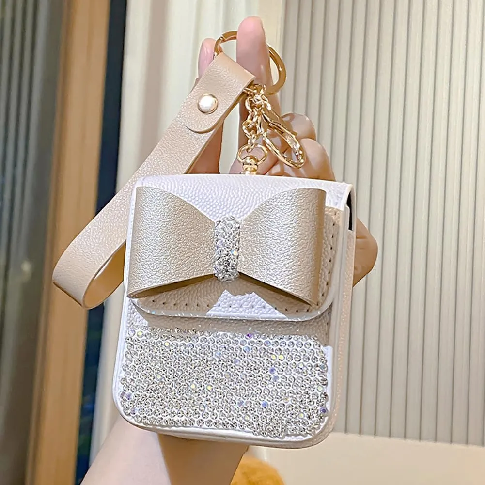 Cute Bow Faux Leather Coin Purse Keychain with Wristlet Crystal Pouch Key Ring Unique Car Key Holder