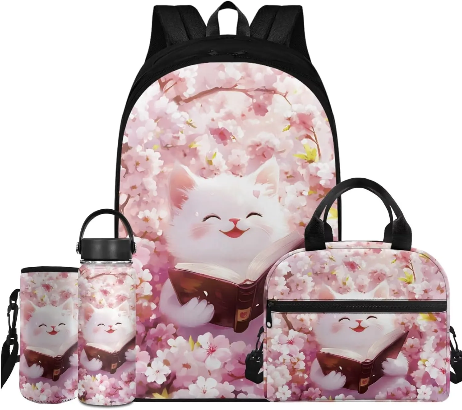 Cute Cat Simple Modern Backpack and Lunch Box Set 17 Inch Kawaii Large School Backpack for Teen Boys 4 In 1 Set Kids Insulated Water Bottle Lightweight Water Bottle Carrier Bag