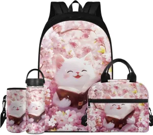 Cute Cat Simple Modern Backpack and Lunch Box Set 17 Inch Kawaii Large School Backpack for Teen Boys 4 In 1 Set Kids Insulated Water Bottle Lightweight Water Bottle Carrier Bag